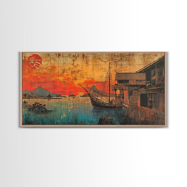 Sunset Harbor Boat Village Canvas Print, Japanese Coastal Wall Art, Nautical Decor, Travel Poster, Living Room Wall Decor