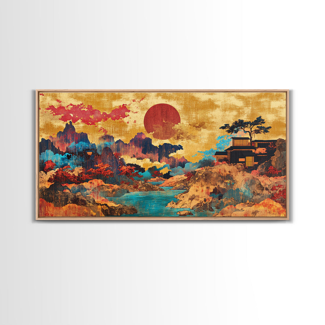 Red Sun Mountain River Wall Art, Japanese Landscape Canvas, Asian Inspired Decor, Panoramic Print, Living Room Decor, Modern Home Decor