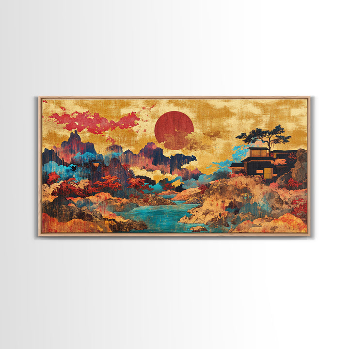Red Sun Mountain River Wall Art, Japanese Landscape Canvas, Asian Inspired Decor, Panoramic Print, Living Room Decor, Modern Home Decor