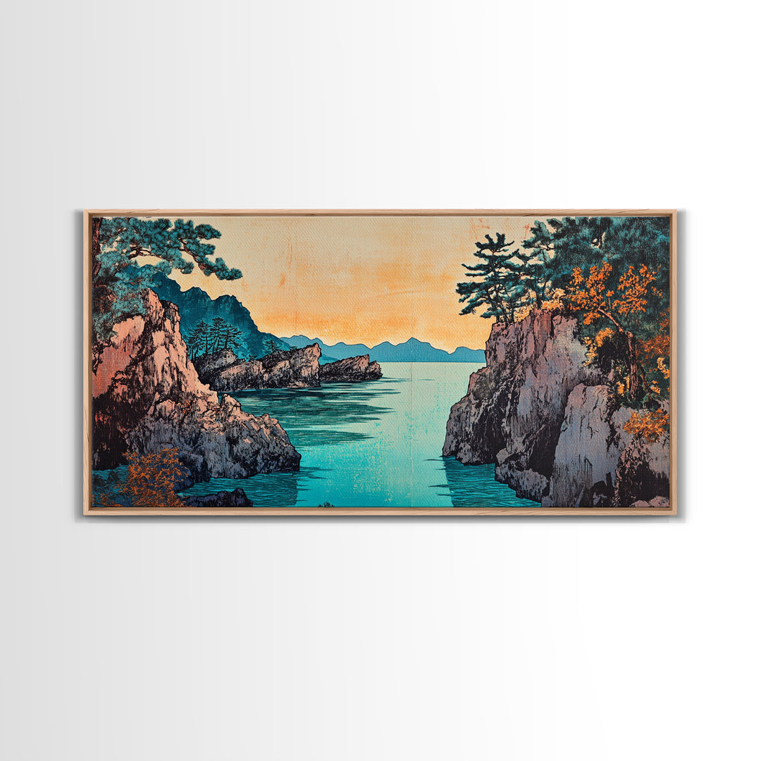 Rocky Pine Sea Inlet Framed Canvas Print, Japanese Coastal Wall Art, Autumn Landscape, Modern Living Room Decor, Home Decor