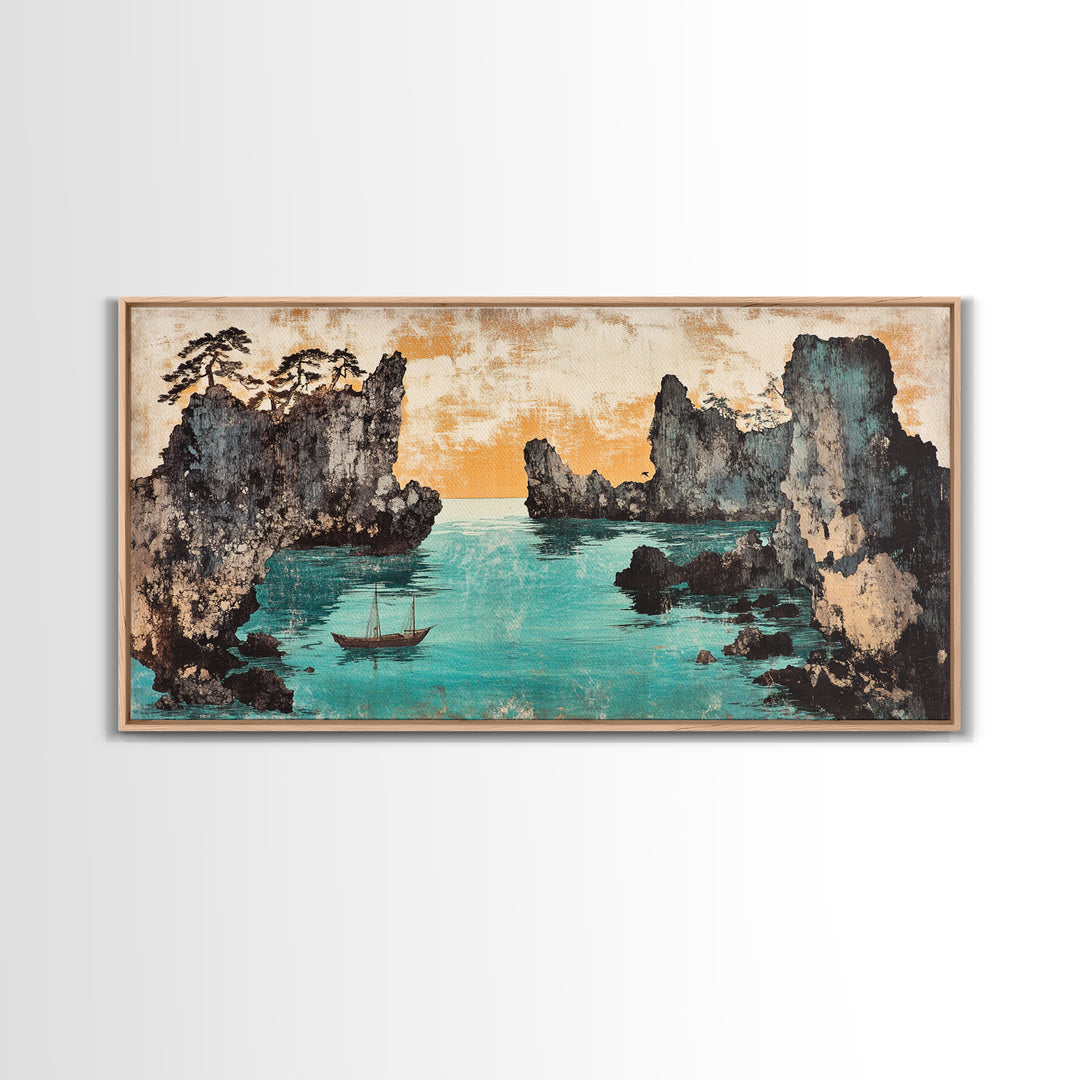 Turquoise Cove And Sailboat Wall Art, Japanese Seascape Print, Coastal Wall Decor, Panoramic Canvas Home Decor, Living Room Decor