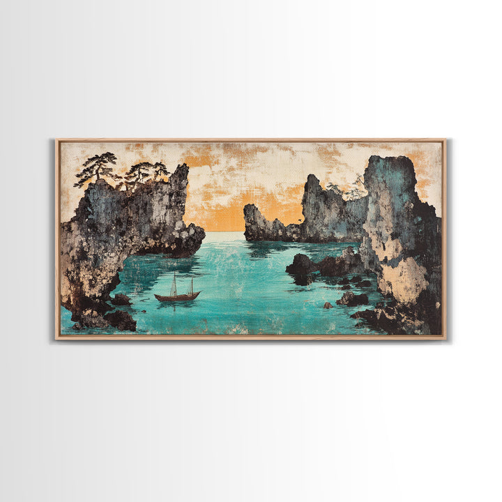 Turquoise Cove And Sailboat Wall Art, Japanese Seascape Print, Coastal Wall Decor, Panoramic Canvas Home Decor, Living Room Decor