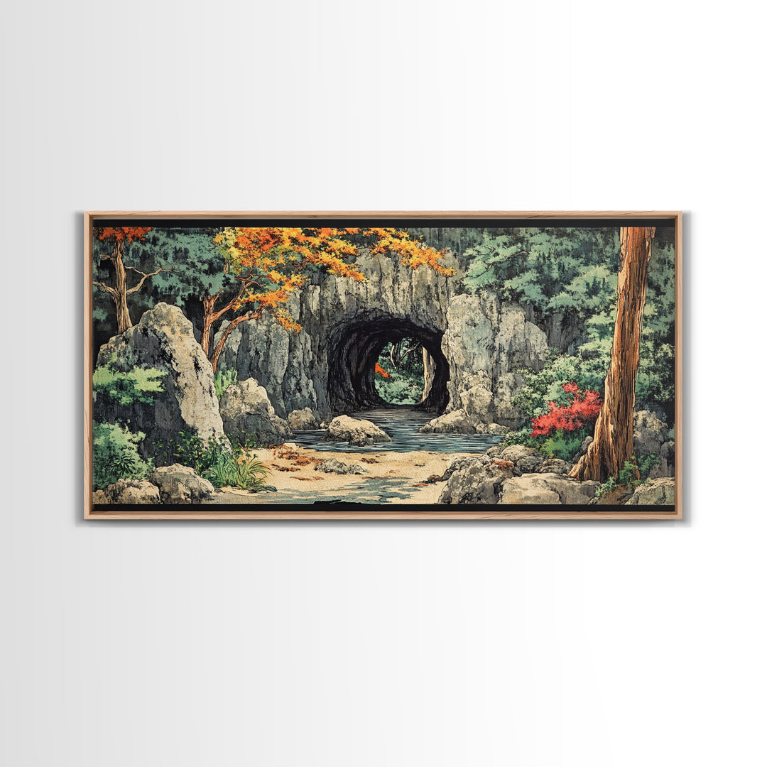 Stone Moon Gate Garden Canvas Print, Japanese Forest Stream Wall Art, Zen Home Decor, Japandi Living Room Wall Decor Art Print