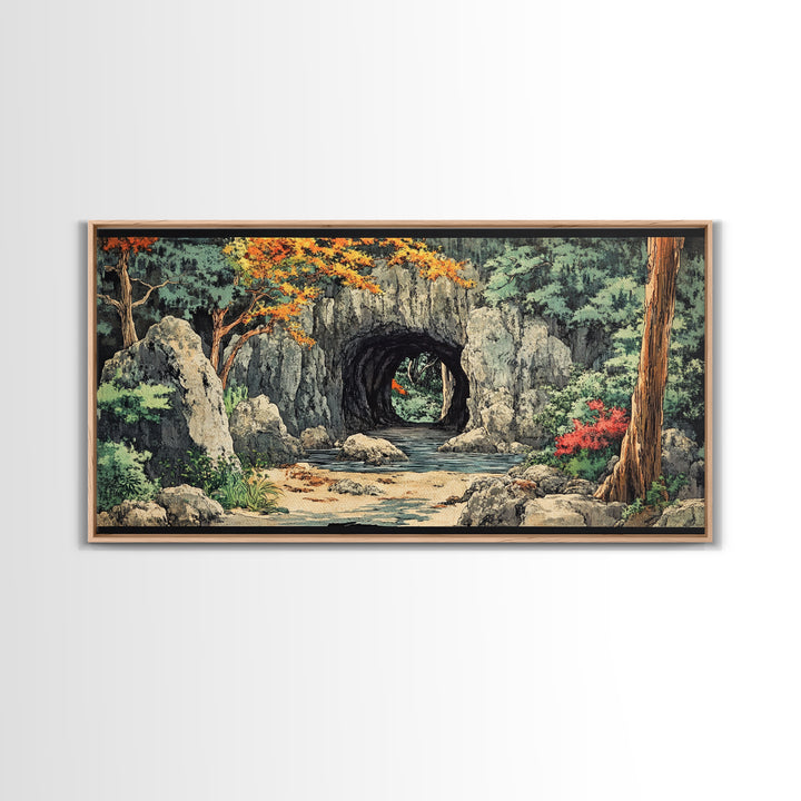 Stone Moon Gate Garden Canvas Print, Japanese Forest Stream Wall Art, Zen Home Decor, Japandi Living Room Wall Decor Art Print