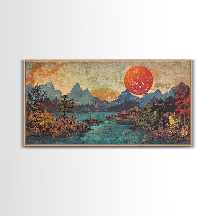 Red Sun Mountain Lake Wall Art, Japanese Landscape Print, Panoramic Canvas, Moody Nature Decor, Living Room Decor, Home Decor