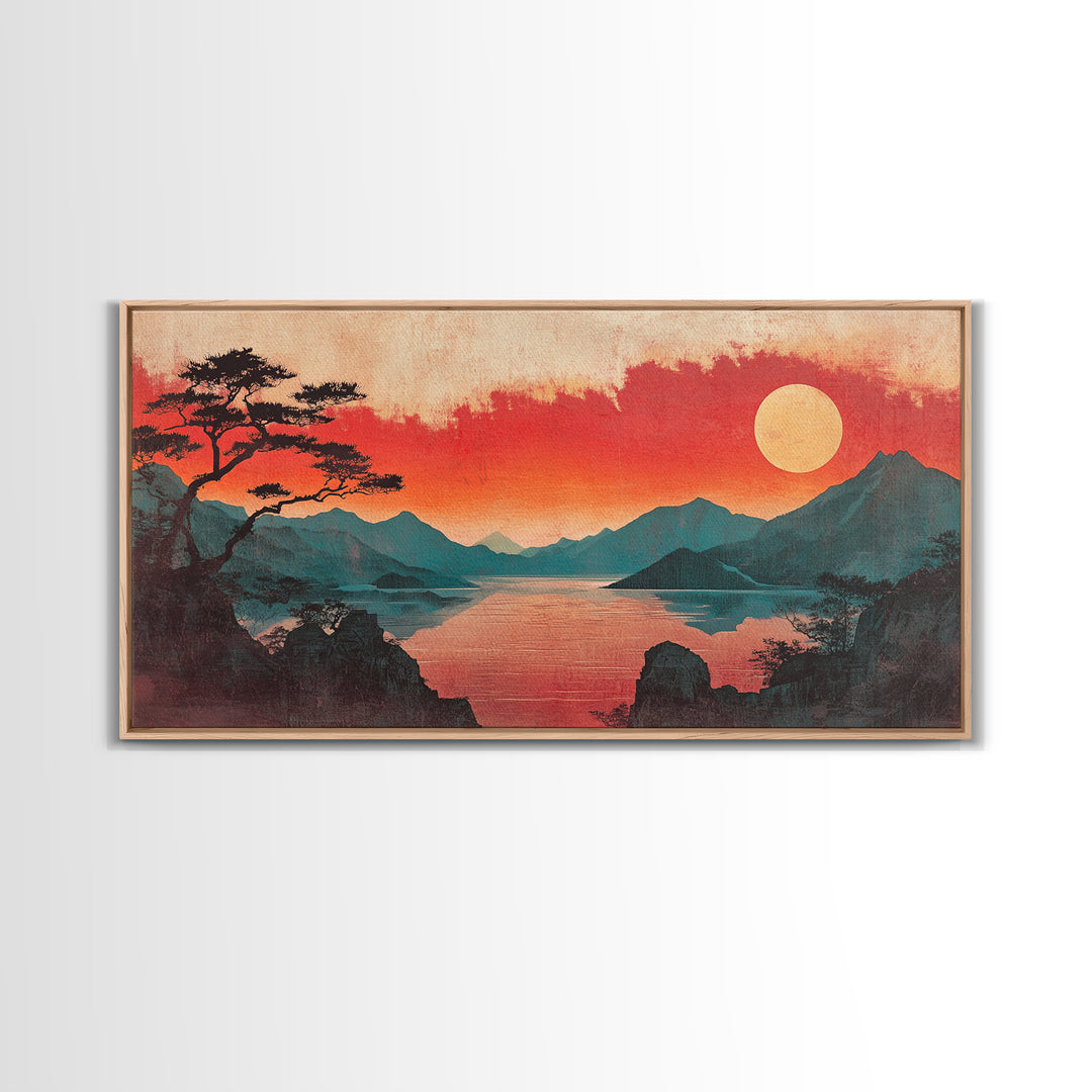 Crimson Sunset Mountain Lake Canvas Print, Japanese Landscape Wall Art, Red Sky Decor, Panoramic Living Room Decor, Home Decor