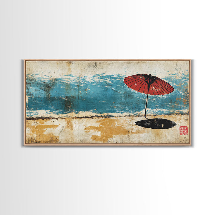Red Beach Umbrella By Turquoise Waves Wall Art, Japanese Coastal Canvas Print, Beach House Decor, Ocean Wall Decor Gift For Her