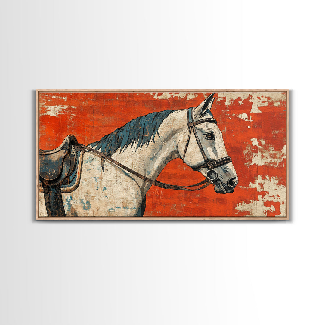 White Horse Portrait On Orange Rustic Wall Art, Western Equestrian Canvas Print, Farmhouse Decor, Horse Lover Gift For Her