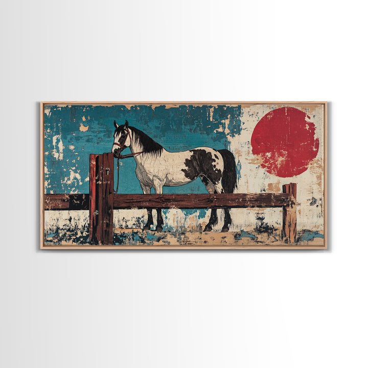 Black And White Paint Horse With Red Sun Wall Art, Western Equestrian Canvas Print, Rustic Farmhouse Decor, Horse Lover Gift