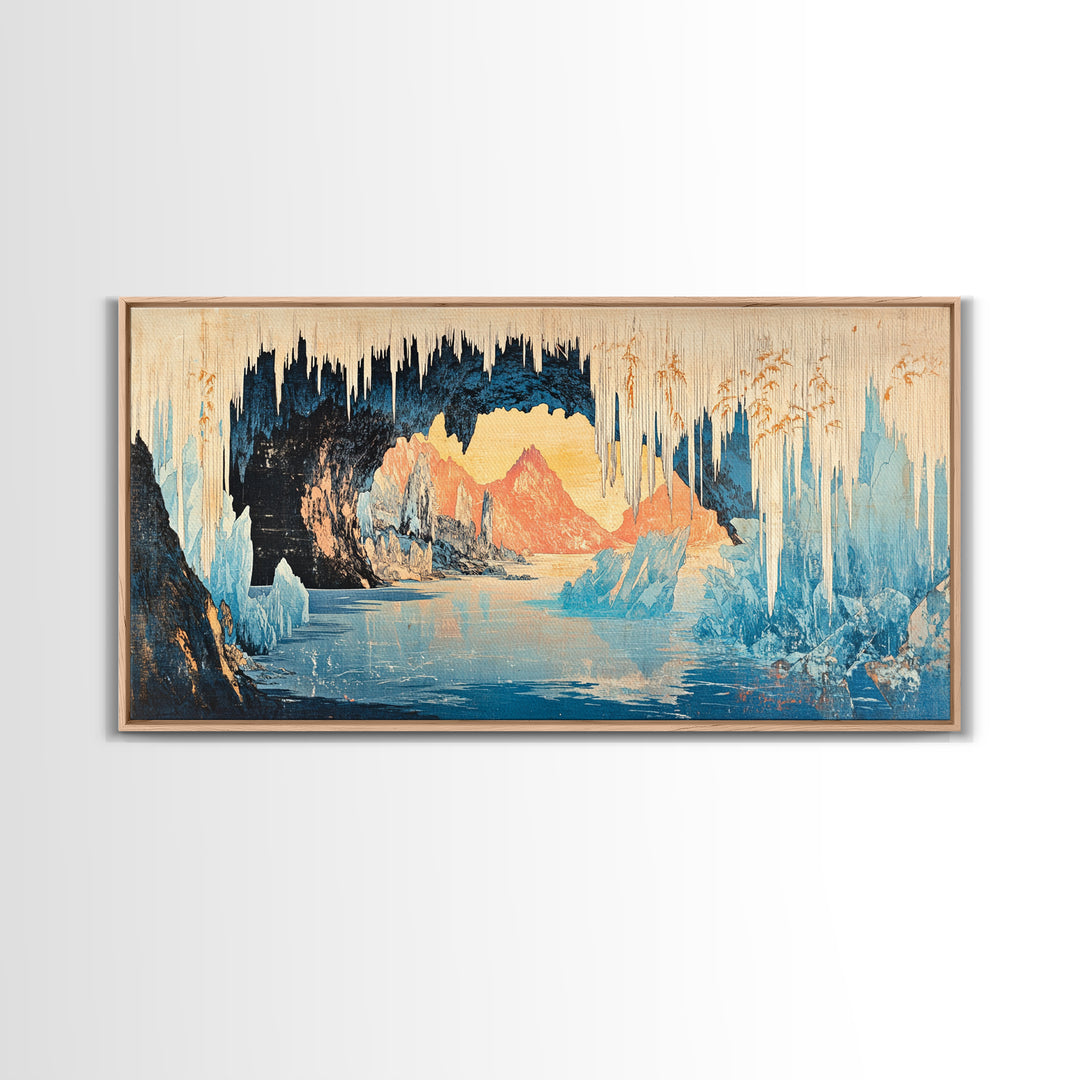 Glowing Ice Cave With Frozen Lake Wall Art, Arctic Landscape Canvas Print, Blue Mountain Decor, Fantasy Nature Art Gift Idea
