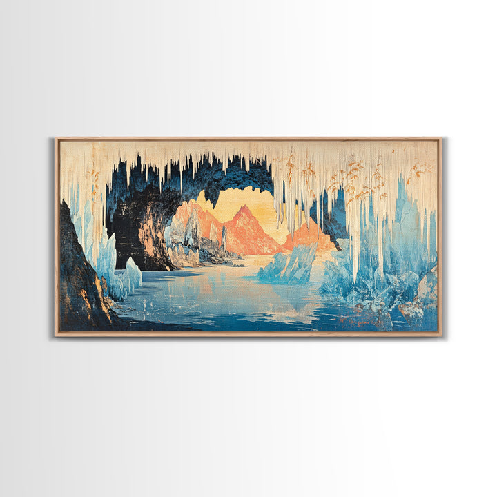 Glowing Ice Cave With Frozen Lake Wall Art, Arctic Landscape Canvas Print, Blue Mountain Decor, Fantasy Nature Art Gift Idea