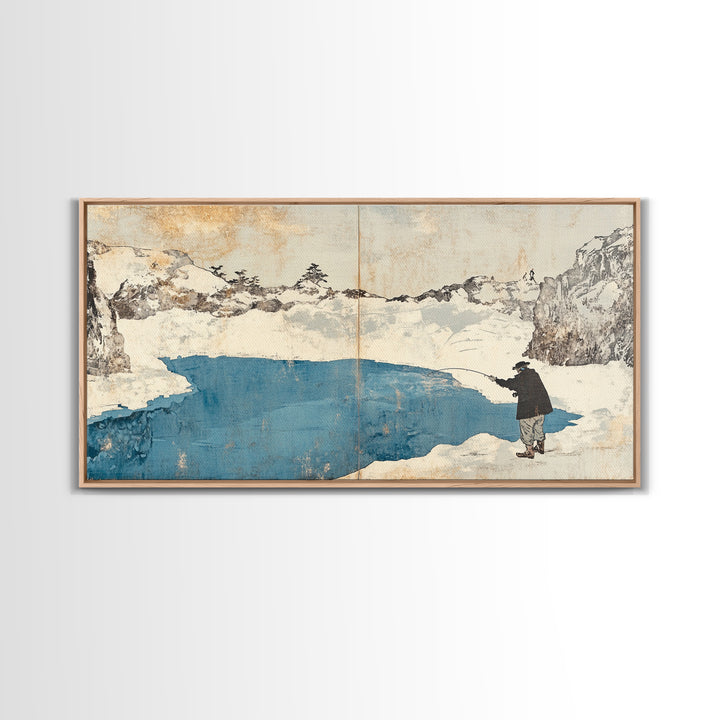 Lone Traveler Beside Snowy Blue Lake Wall Art, Japanese Landscape Canvas Print, Minimalist Winter Decor, Zen Home Decor Gift
