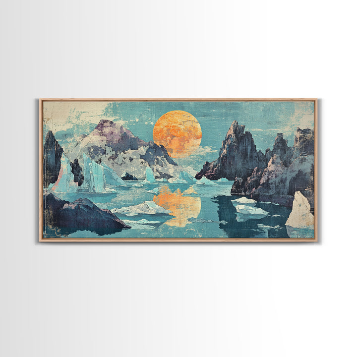 Orange Sun Over Icy Mountain Lake Wall Art, Abstract Landscape Canvas Print, Japandi Coastal Decor, Large Living Room Art