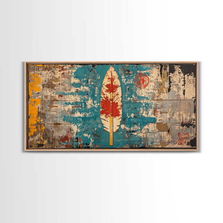 Red Feather On Turquoise Distressed Wall Art, Tribal Boho Canvas Print, Rustic Southwestern Decor, Unique Wall Decor Gift