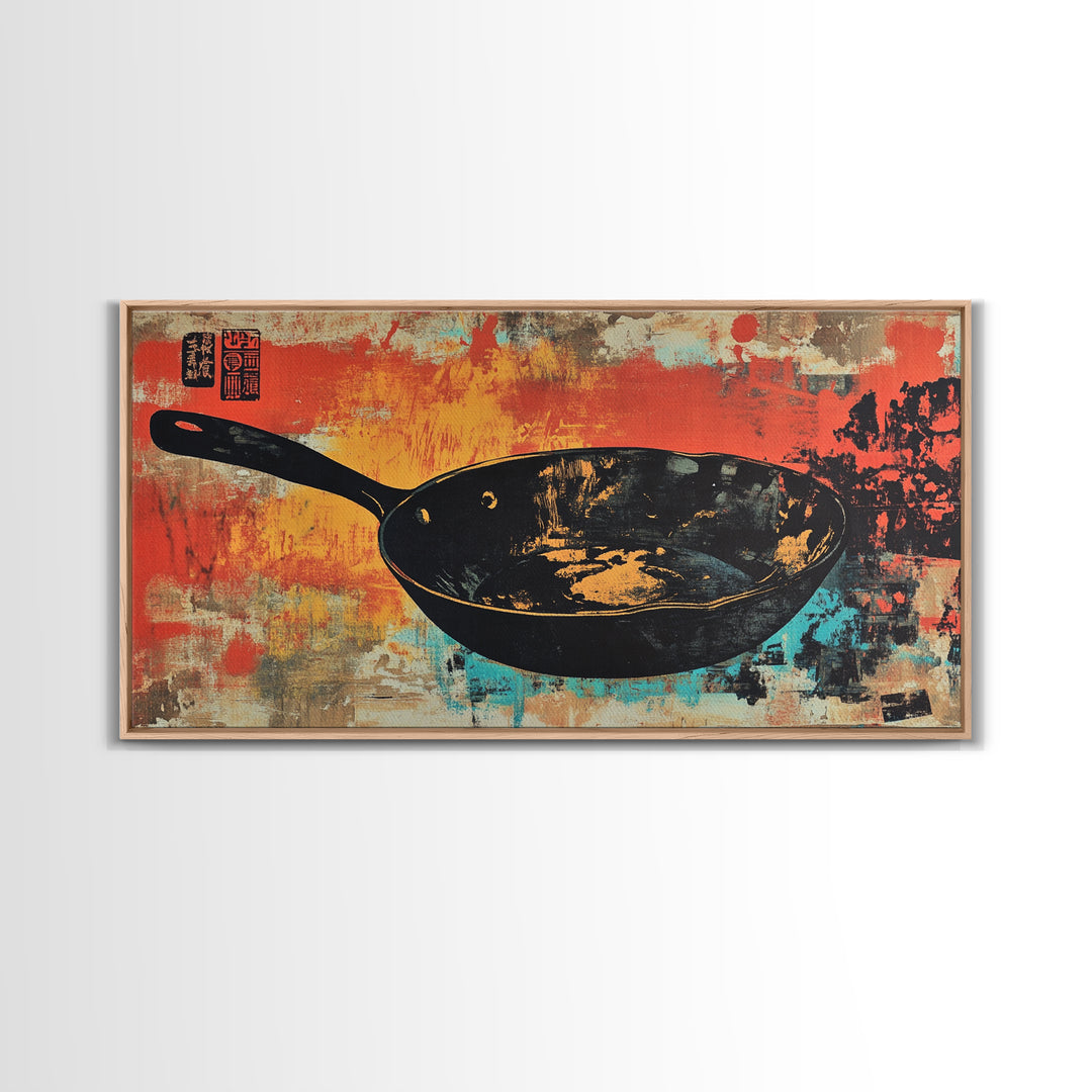 Black Wok Pan On Red Teal Background Wall Art, Kitchen Canvas Print, Rustic Food Decor, Dining Room Wall Decor Gift For Chef