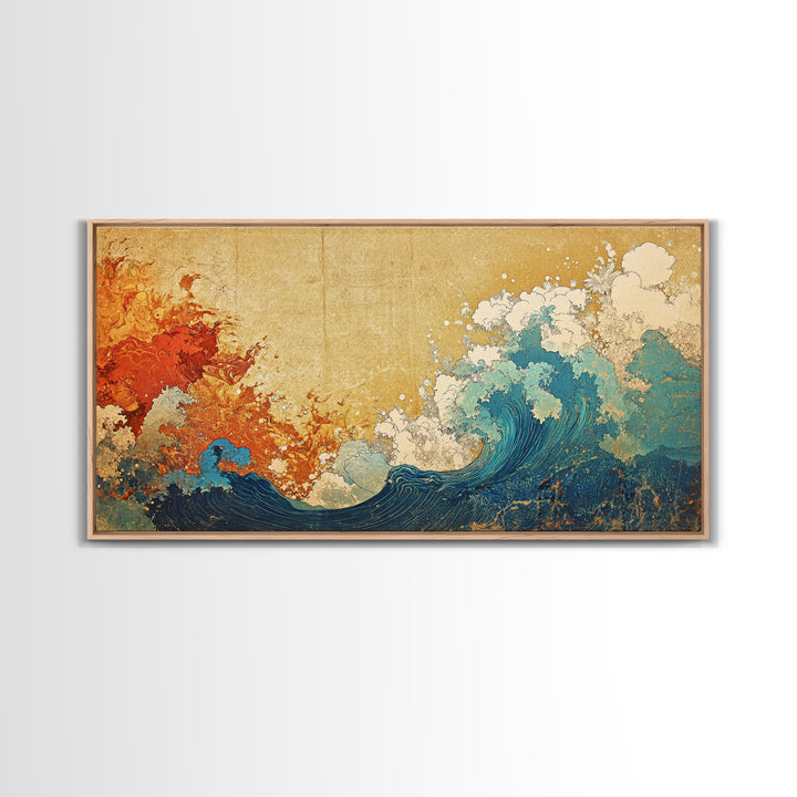 Fiery Orange And Blue Japanese Wave Canvas Print, Ocean Wall Art, Abstract Seascape For Coastal Home Decor And Living Room Decor