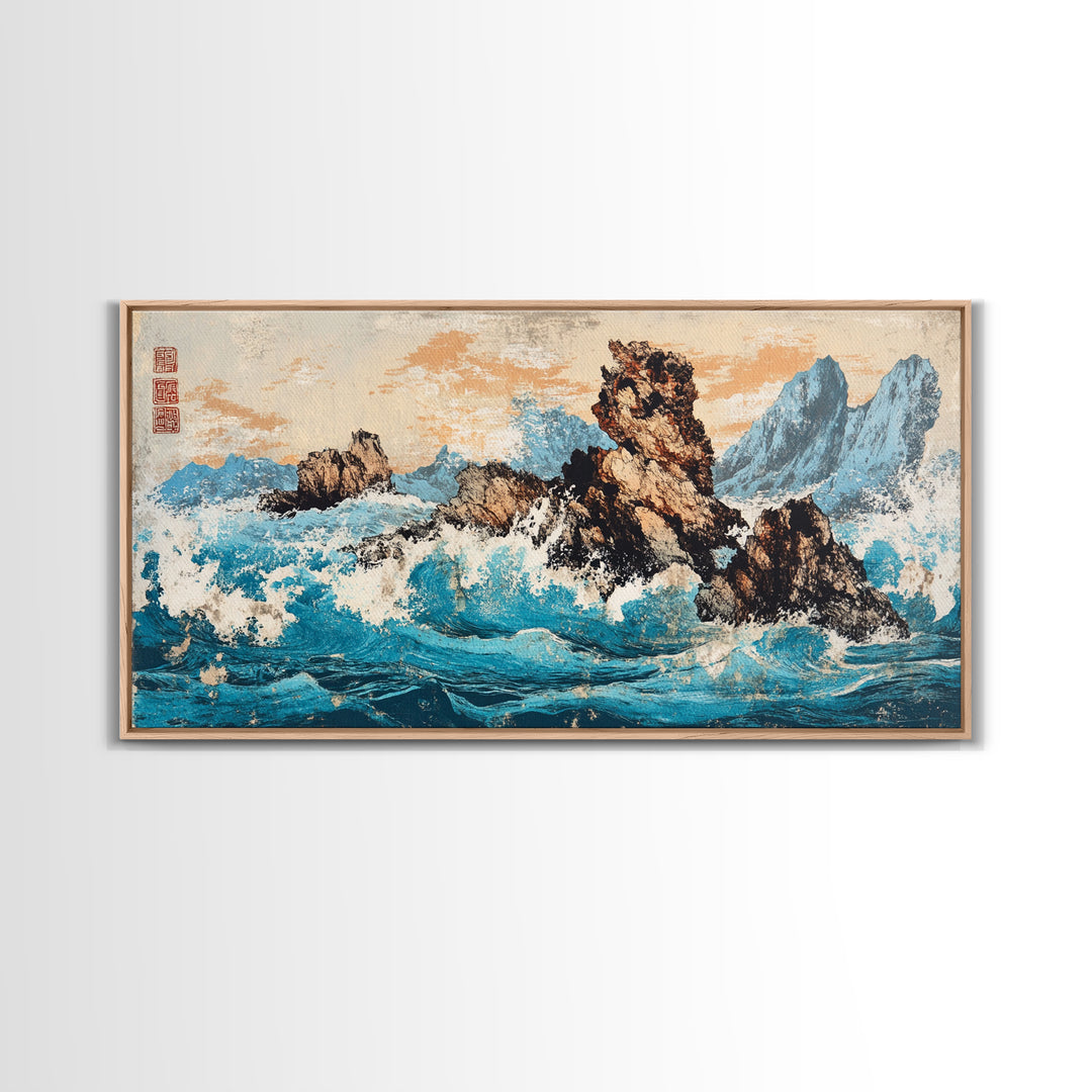 Rocky Blue Ocean Cliffs In Japanese Style Framed Canvas Print, Seascape Wall Art For Coastal Decor And Nautical Home Decor
