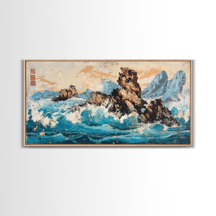 Rocky Blue Ocean Cliffs In Japanese Style Framed Canvas Print, Seascape Wall Art For Coastal Decor And Nautical Home Decor