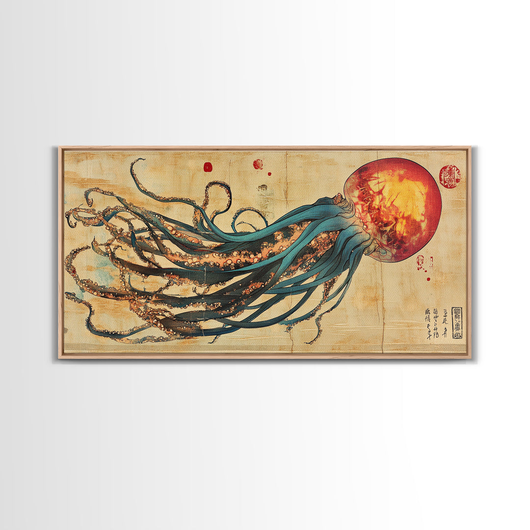 Giant Squid With Red Sun Japanese Wall Art, Octopus Canvas Print For Marine Life Decor, Coastal Statement Artwork For Living Room Decor