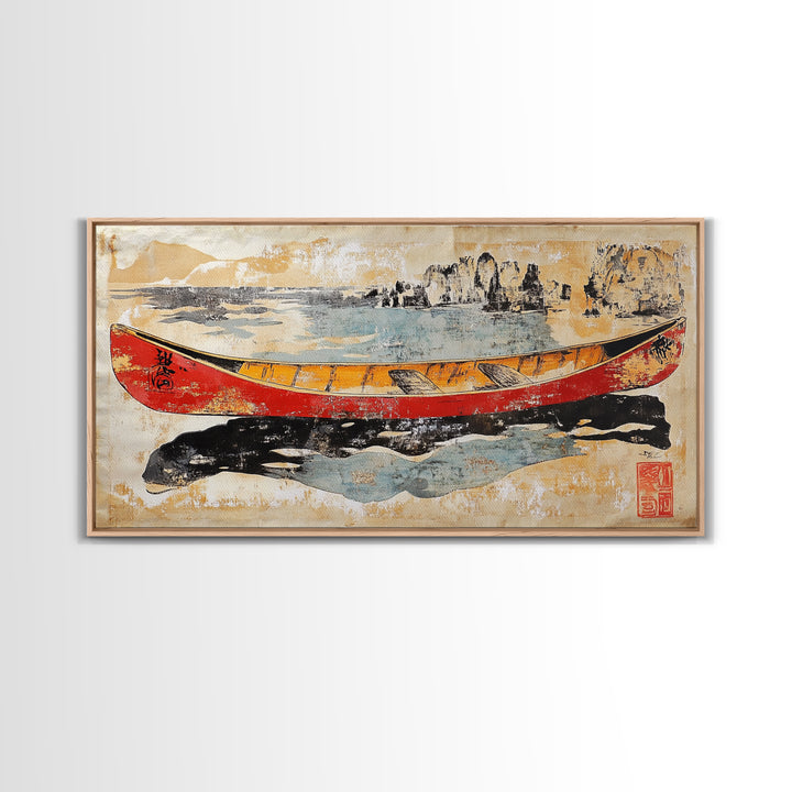 Red And Yellow Canoe On Rugged Shore Framed Canvas Print, Nautical Wall Art For Lake House Decor And Coastal Home Decor Art