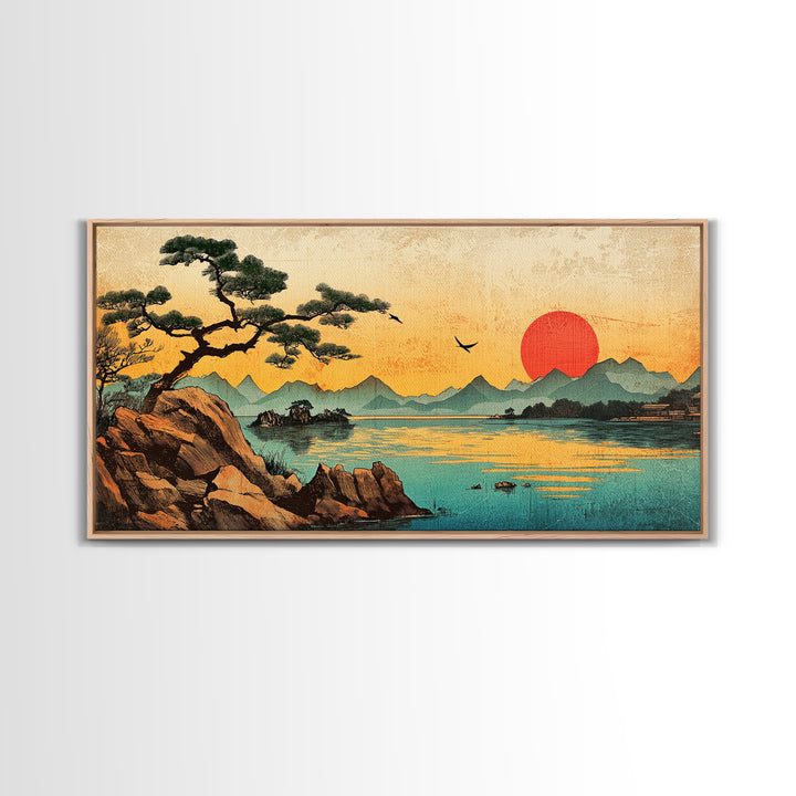 Pine Tree Sunset Over Mountain Lake Wall Art, Japanese Landscape Canvas Print For Zen Decor And Coastal Living Room Decor