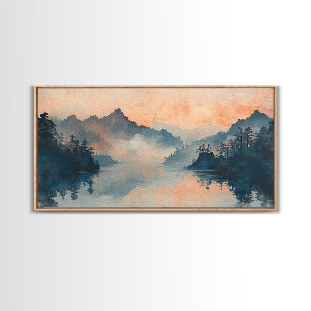 Misty Mountain Lake Sunrise Wall Art, Japanese Landscape Art Print, Serene Nature Decor, Large Horizontal Living Room Decor