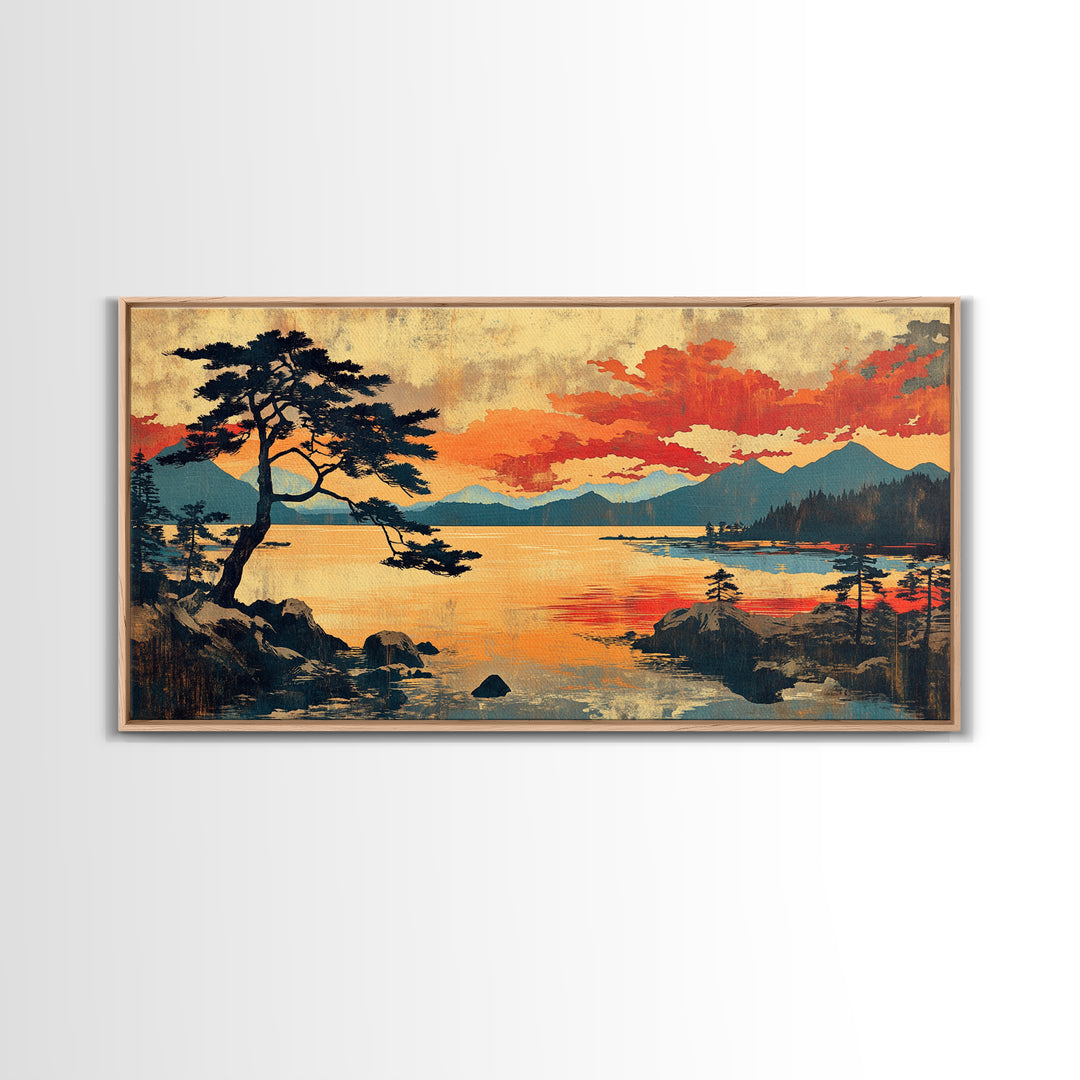 Orange Sunset Pine Lake Wall Art, Japanese Woodblock Landscape Print, Rustic Cabin Decor, Large Nature Art For Living Room