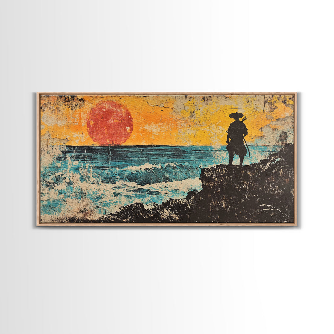 Samurai Ocean Sunset Framed Canvas Print, Japanese Warrior Wall Art, Coastal Seascape Decor, Bold Gift For Him, Man Cave Decor
