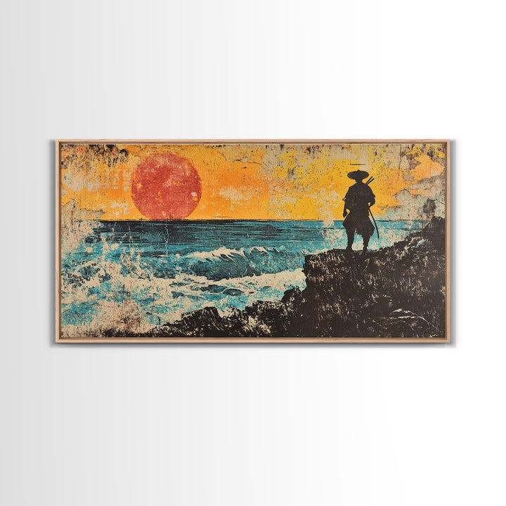 Samurai Ocean Sunset Framed Canvas Print, Japanese Warrior Wall Art, Coastal Seascape Decor, Bold Gift For Him, Man Cave Decor