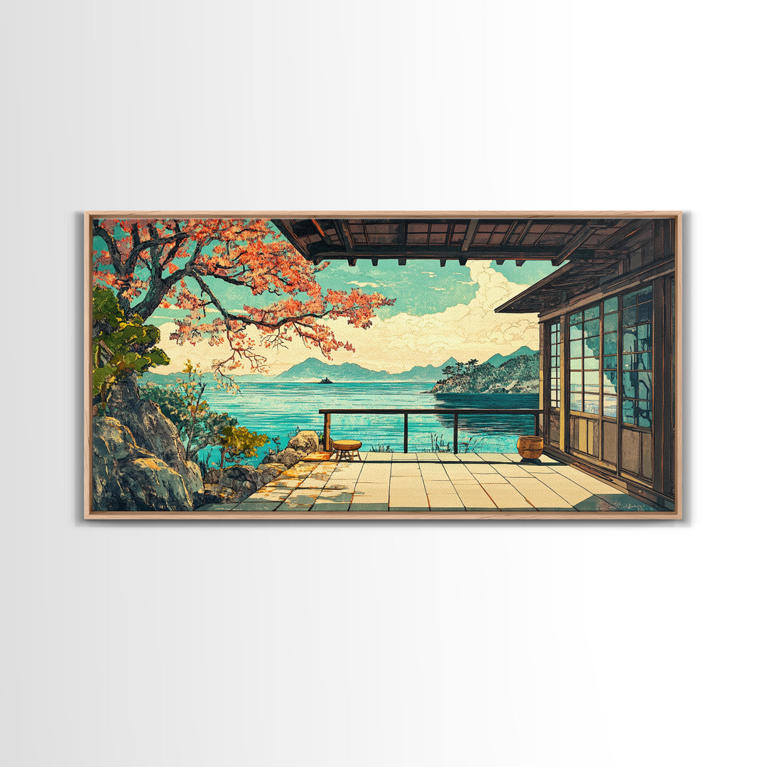 Japanese Seaside Veranda Canvas Print, Turquoise Ocean Wall Art, Zen Coastal Home Decor, Japandi Living Room Wall Decor Art