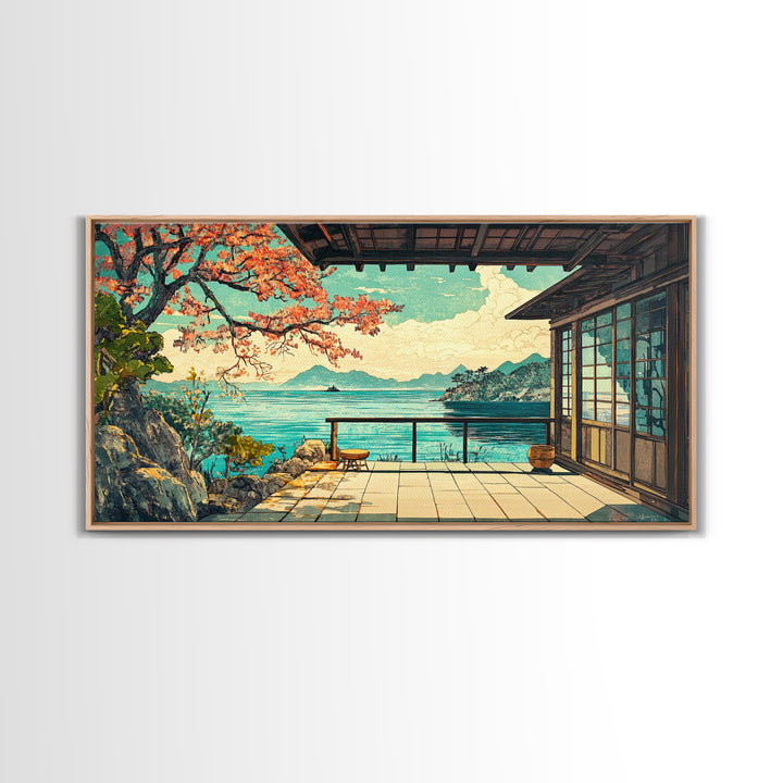 Japanese Seaside Veranda Canvas Print, Turquoise Ocean Wall Art, Zen Coastal Home Decor, Japandi Living Room Wall Decor Art