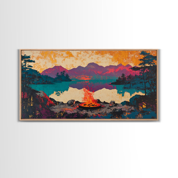 Campfire Mountain Lake Canvas Print, Rustic Cabin Wall Art, Moody Landscape Decor, Camping Gift For Him, Living Room Art