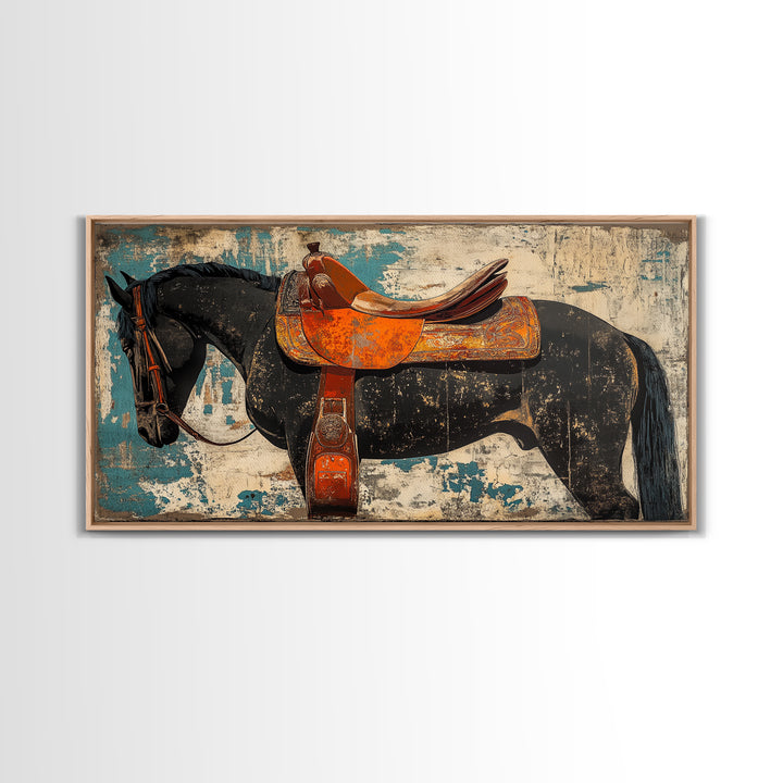 Black Horse With Orange Western Saddle Wall Art, Rustic Ranch Decor, Equestrian Art Print, Cowboy Living Room Decor Gift
