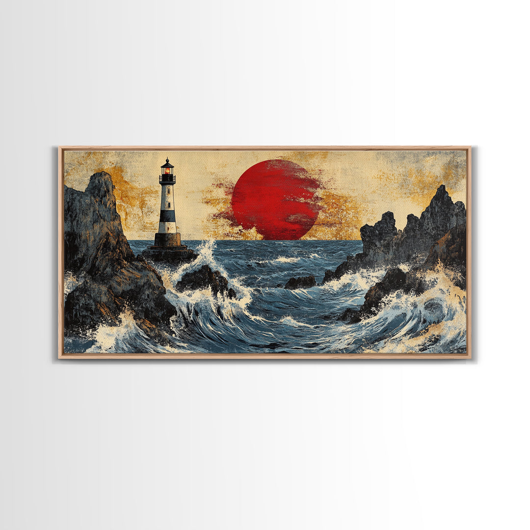 Rocky Lighthouse Sunset With Dramatic Waves Wall Art, Coastal Seascape, Nautical Decor, Large Framed Canvas Print For Living Room