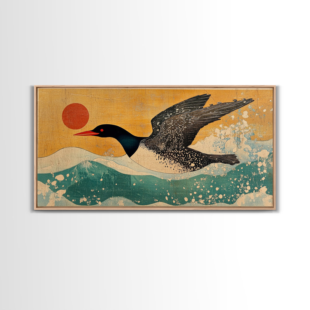 Black Loon Bird Canvas Print, Japanese Coastal Wall Art, Lake House Decor, Nautical Wildlife Art Print For Bird Lovers Gift