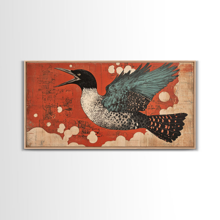 Speckled Sea Bird Framed Canvas Print, Japanese Wildlife Wall Art, Rustic Coastal Decor, Teal Wings Red Sky Print For Home Decor