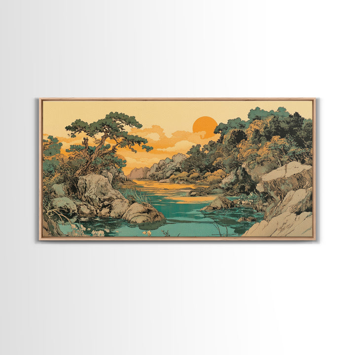 Golden River Valley Landscape Wall Art, Japanese Mountain Canvas Print, Serene Nature Decor, Japandi Living Room Art Gift