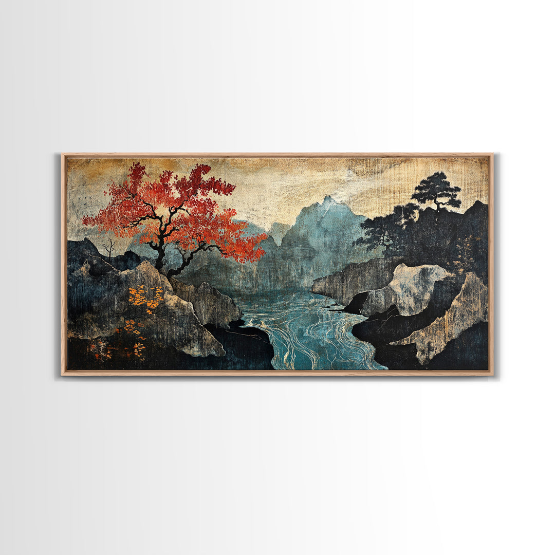 Autumn Mountain Lake Framed Canvas Print, Japanese Landscape Wall Art, Moody Nature Decor, Red Tree Japandi Wall Decor Gift