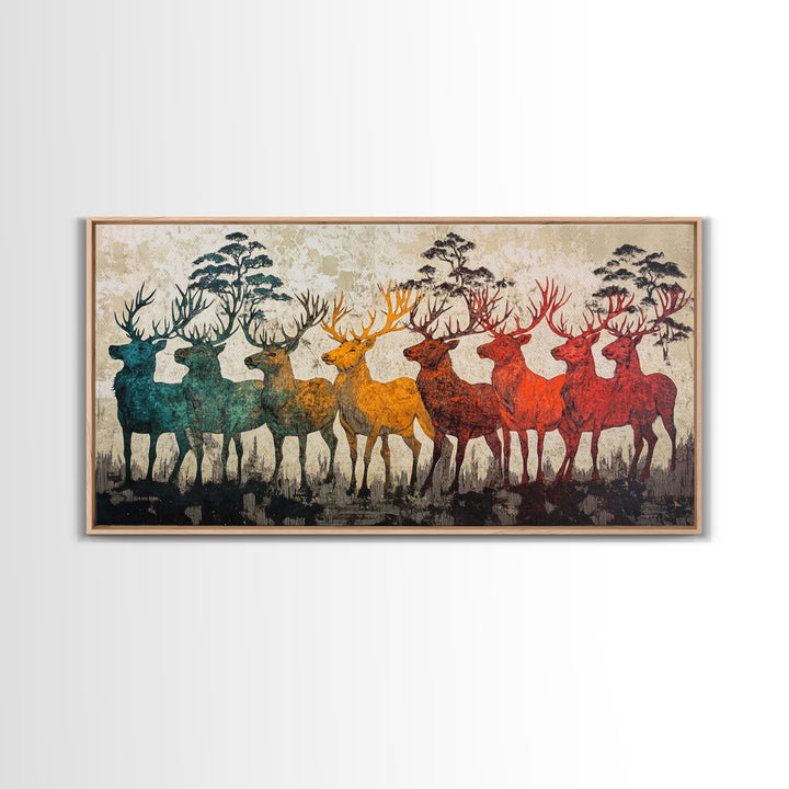 Rainbow Deer Silhouettes In Misty Pines Wall Art, Japanese Wildlife Canvas Print, Rustic Nature Decor, Large Living Room Art
