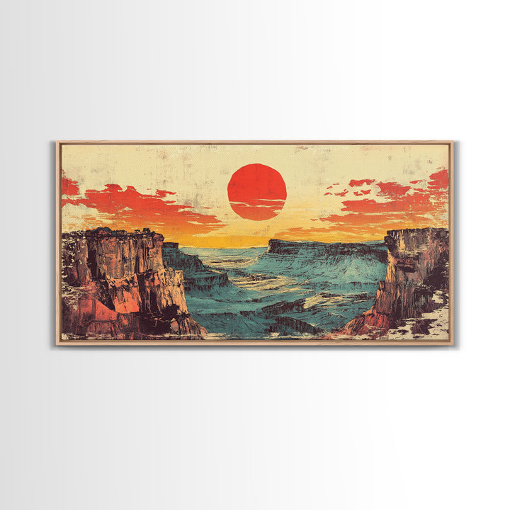 Red Sun Desert Canyon At Dusk Wall Art, Southwestern Landscape Canvas Print, Western Decor, Large Horizontal Living Room Art