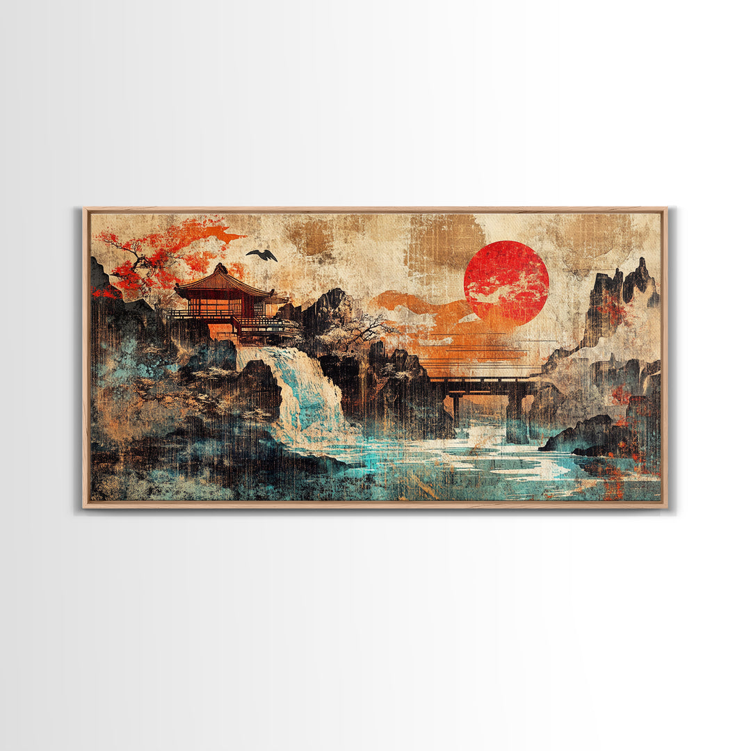Red Sun Temple Waterfall Over Mountain Lake Wall Art, Japanese Landscape Canvas Print, Asian Zen Decor, Large Living Room Art
