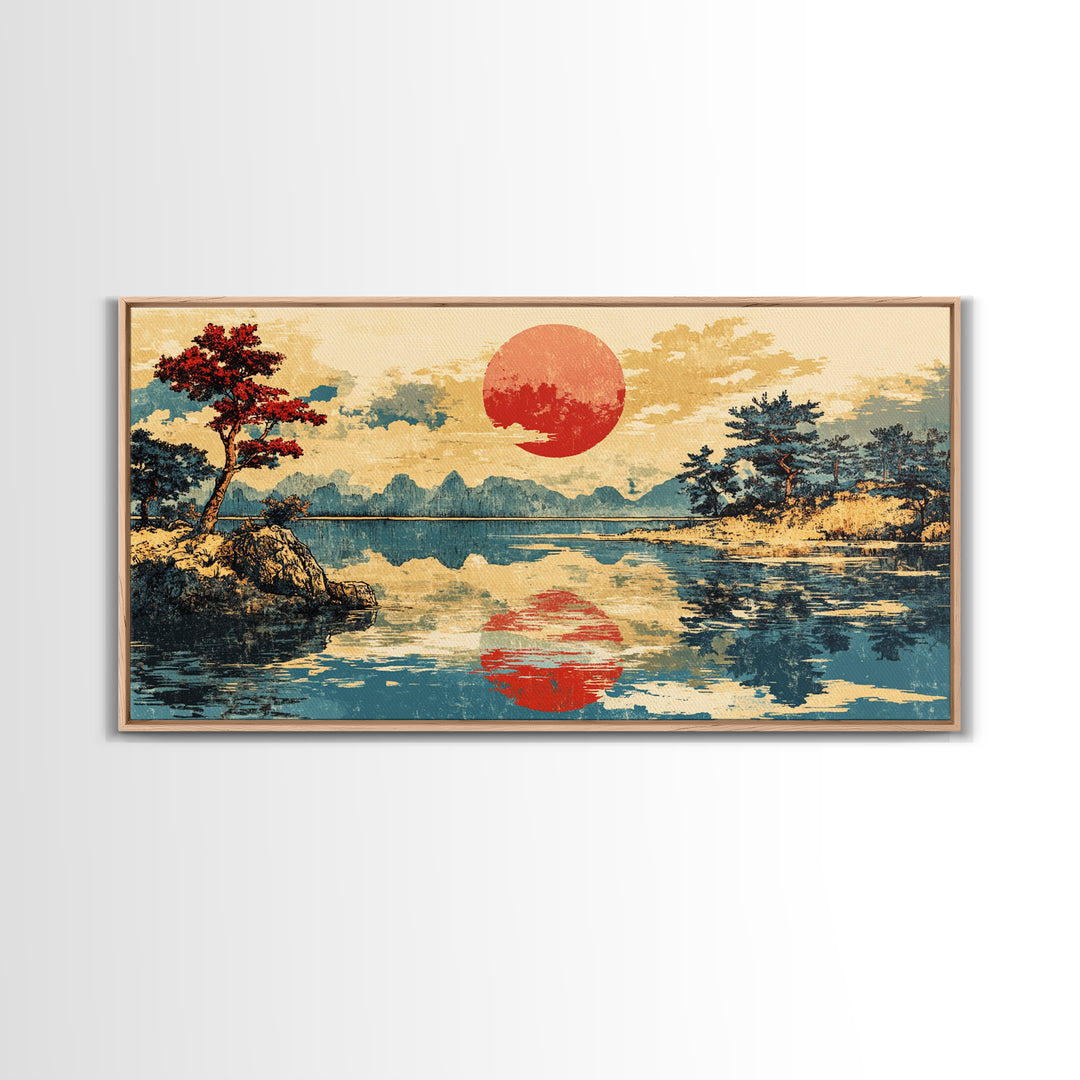 Red Sun Reflected On Serene Mountain Lake Wall Art, Japanese Landscape Canvas Print, Coastal Zen Decor, Large Living Room Art