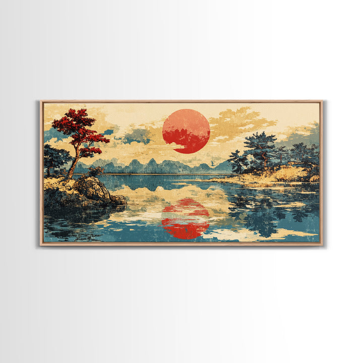 Red Sun Reflected On Serene Mountain Lake Wall Art, Japanese Landscape Canvas Print, Coastal Zen Decor, Large Living Room Art