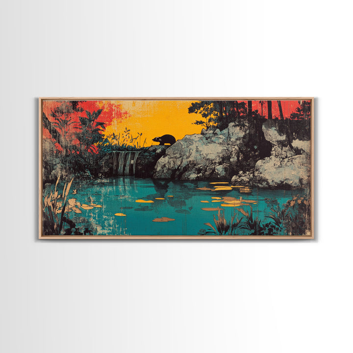 Turquoise Jungle Waterfall At Sunset Wall Art, Tropical Landscape Canvas Print, Nature Decor, Large Horizontal Living Room Art