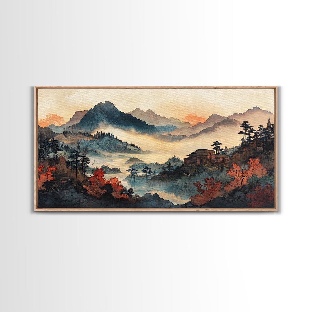 Misty Autumn Mountain Village Wall Art, Japanese Landscape Canvas Print, Moody Nature Home Decor, Large Living Room Wall Art