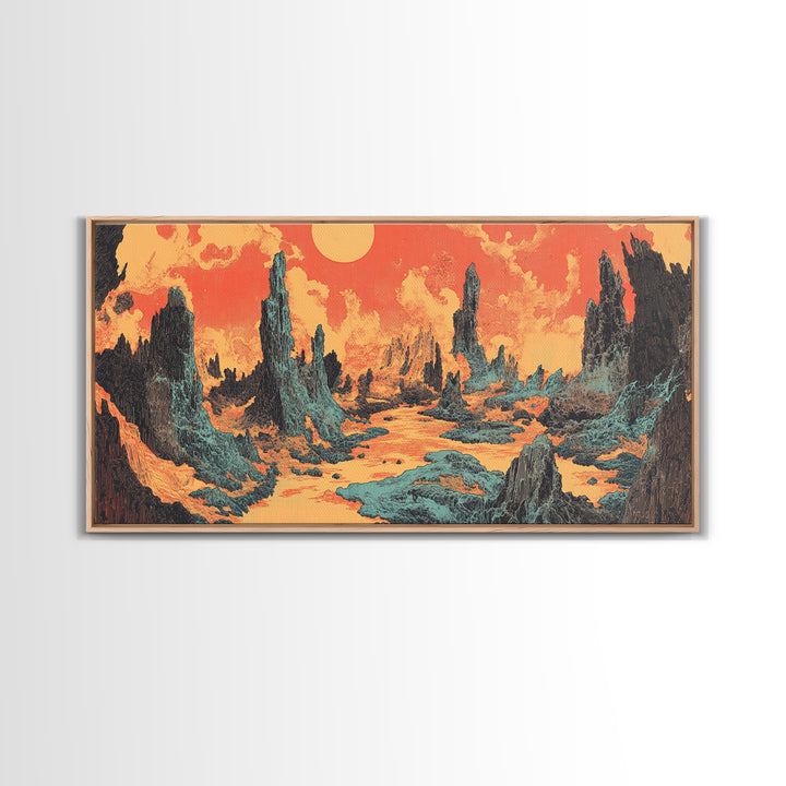 Alien Desert Spires Surreal Landscape Canvas Print, Sci Fi Wall Art, Retro Futuristic Decor, Gaming Room Poster Gift For Him