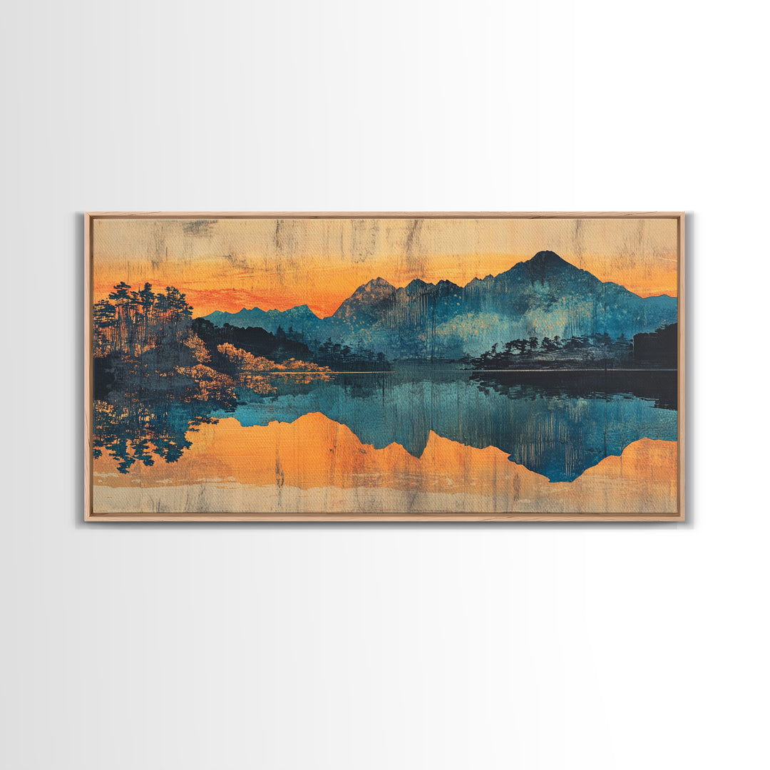 Moody Mountain Lake Reflection Wall Art, Blue Orange Landscape Canvas Print, Rustic Cabin Decor, Large Living Room Art Gift