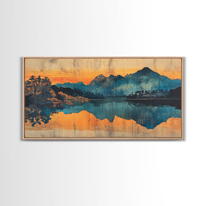 Moody Mountain Lake Reflection Wall Art, Blue Orange Landscape Canvas Print, Rustic Cabin Decor, Large Living Room Art Gift