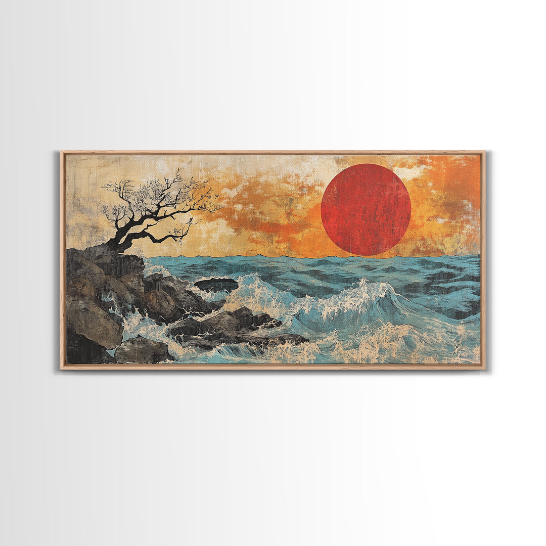 Rocky Ocean Red Sun Seascape Wall Art, Coastal Canvas Print, Japanese Style Wave Decor, Beach House Living Room Housewarming Gift