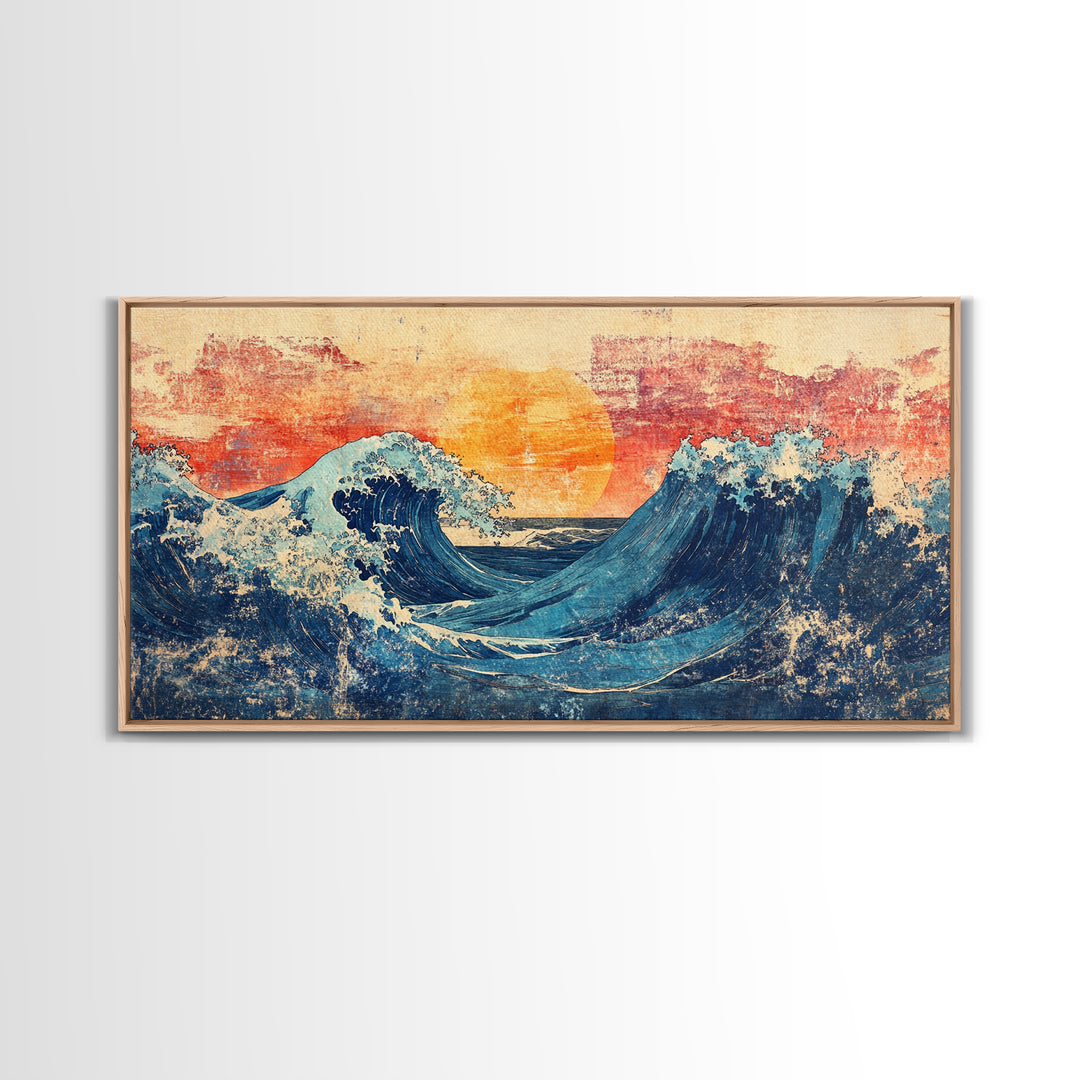 Sunset Ocean Waves, Japanese Seascape Canvas Print, Coastal Wall Art, Nautical Decor, Beach House Living Room Print, Housewarming Gift